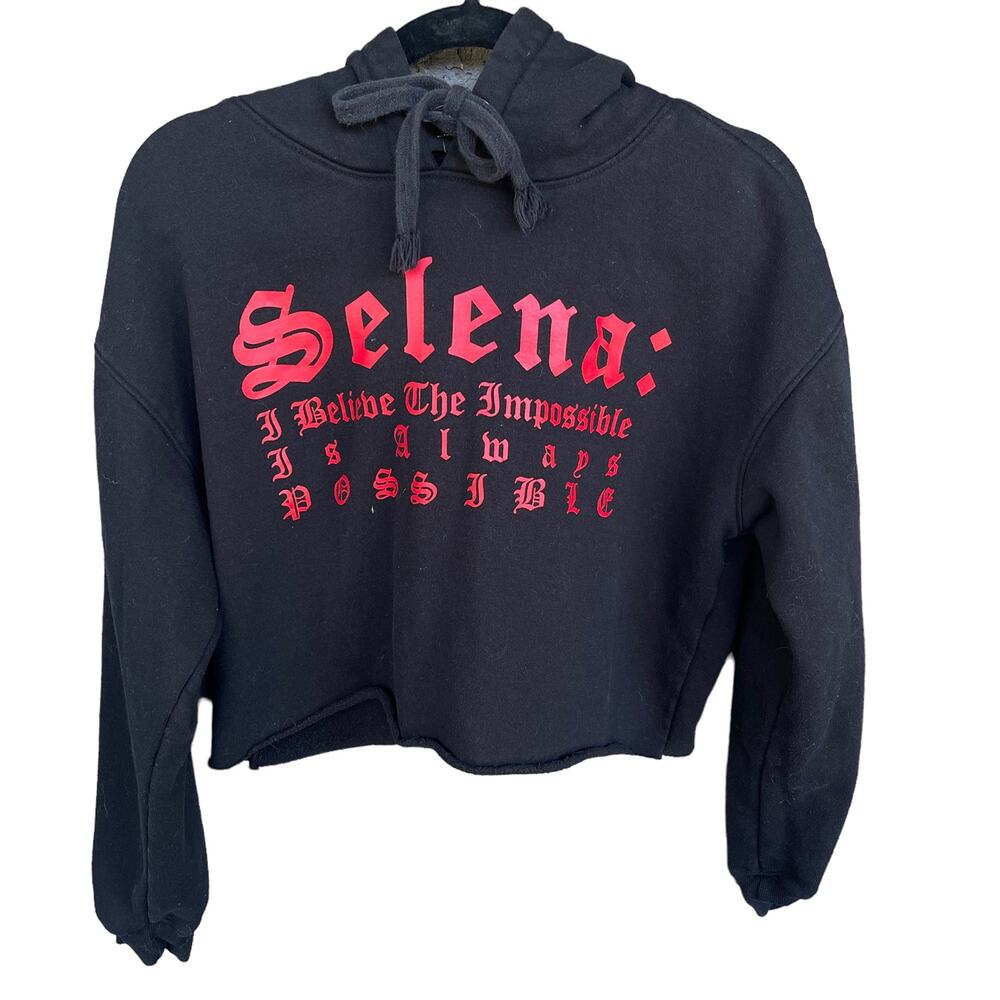 Selena Sweater Womens Large Black Cropped Hoodie Sweatshirt Cutoff Concert